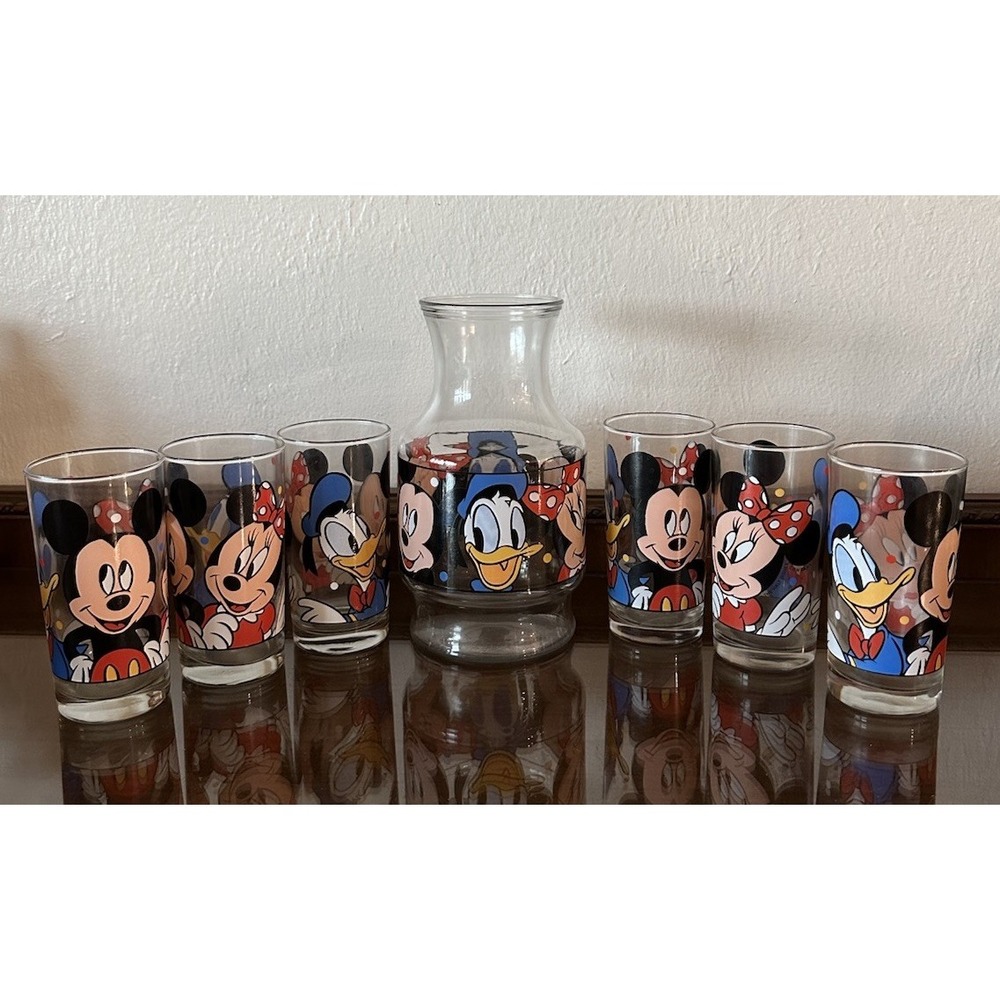 Anchor Hocking Disney Glass Juice Carafe & 6 Glasses Donald Mickey Minnie Mouse